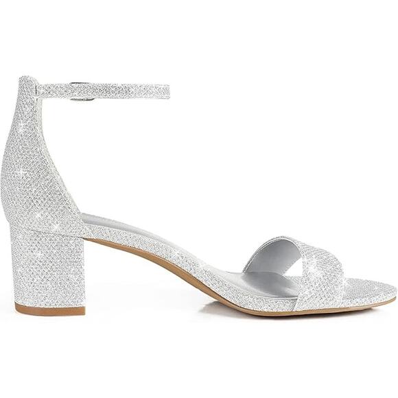 Pizz Annu Womens Size 7.5 Silver Glitter 2" Block Heel Ankle Strap Sandal Shoes - Picture 3 of 7